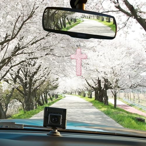 Bling Car Rear View Mirror Accessories Hanging Pendant,Cross Crystal Rhinestone For Car Mirror Hanging,Double-Sided Cross Diamond Religious,Interior Men Women Car Accessories Pink
