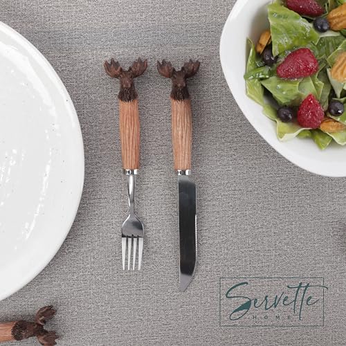 Moose Flatware Set, 5 Piece, Stainless Steel Utensils with Wood-like Handles, Knife, Soup Spoon, Teaspoon, Dinner Fork, Salad Fork