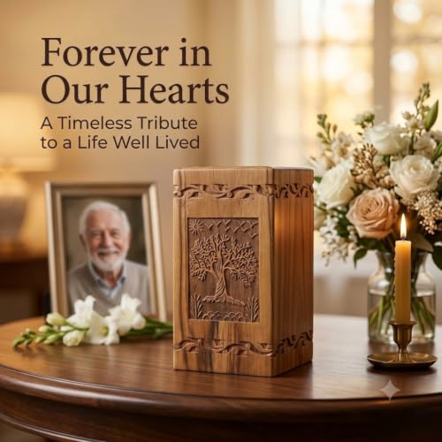 Wooden Cremation Urn for Human Ashes, Tree of Life Memorial Urn for Adults