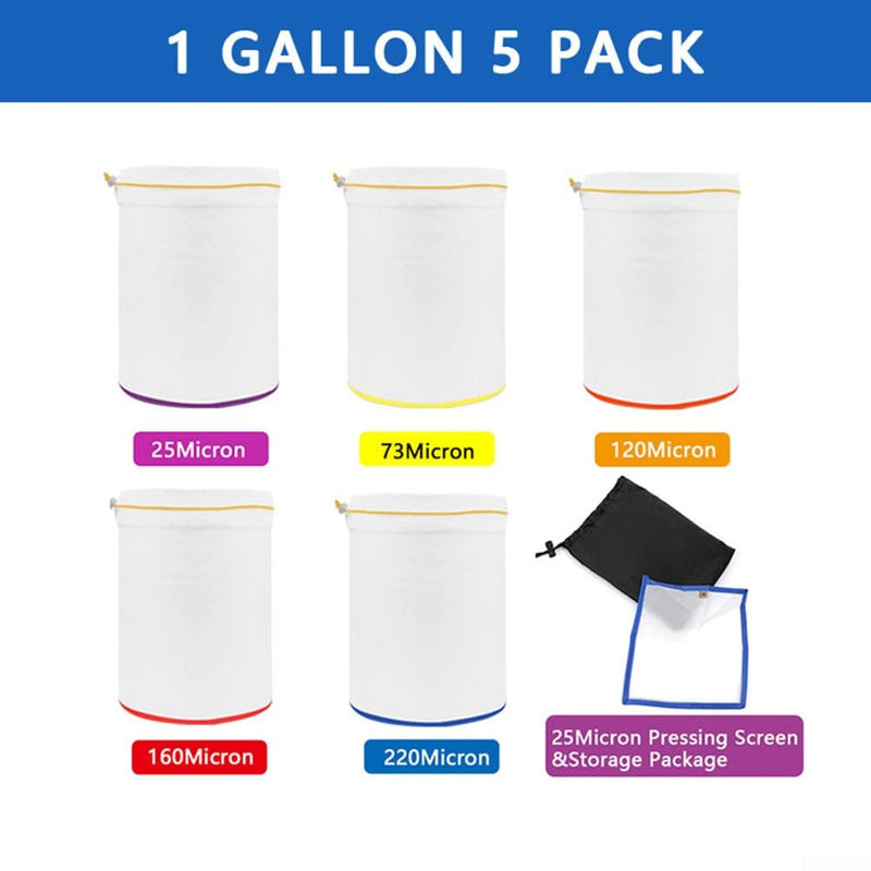 Pack of 5 1 Gallon Bubble Bags, Filter Bag Herbal Ice Essence Extraction Bag Kit 25/73/120/160/220, with 25 Micron Press Screen and Storage Bag