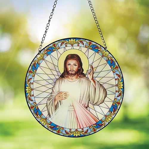 Needzo Divine Mercy Stained Glass Suncatcher, Catholic Window Decoration, 6 Inch Chain, 5.875 inch Diameter