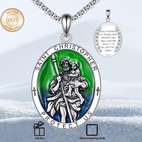 925 Sterling Silver Patron Saint Medal Necklace Catholic Protection Pendant Amulet Religious Protector Jewelry for Men Women 10a-St Christopher