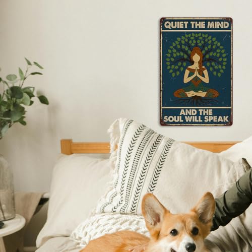 Meditation Wall Art Metal Tin Sign – Zen Decor and Yoga Wall Decor with “Quiet the Mind and the Soul Will Speak”, Spiritual Wall Art and Mindfulness Gift for Women, Yoga Studio, Meditation Room, or Home, 8x12 Inch