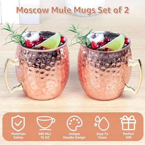 Moscow Mule Mugs Set of 2, 16 oz Hammered Copper Cups with Gold Brass Handles, Large Capacity Cups Gifts Perfect for Cold Drinks, Beer, Cocktail, Wine, Bars(16oz) (Pack of 2) 16oz (Pack of 2)