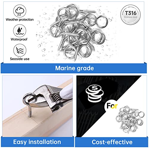 Muzata 2-inch T316 stainless steel eye screw hook for wood, self-tapping eyelet, silver finish