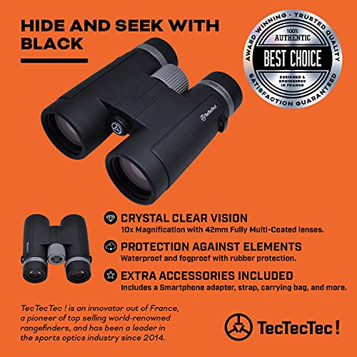 TecTecTec BPRO Wild 10x42 ED Hunting Binoculars Outdoors Birdwatching HD Professional Binoculars with Phone Mount Strap Carrying Bag for Travel Sports, and Watching Wildlife Scenery - Black