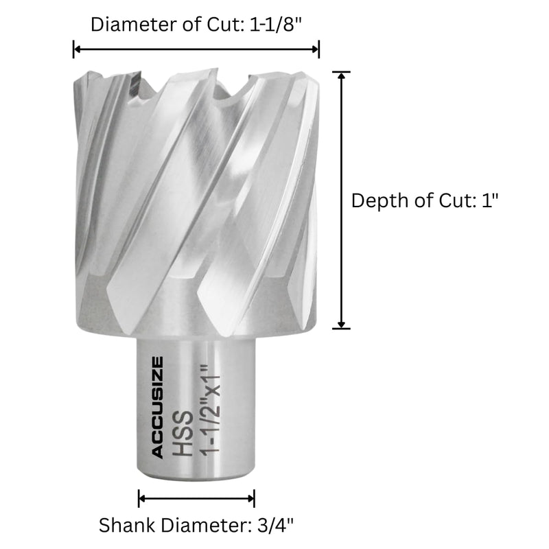 Accusize Industrial Tools Hss Annular Cutter, 1-1/2'' Diameter by 1'' Depth with 3/4'' Weldon Shank, Ansi Standard, 2080-2029 | CBN-Ground HSS Cutter for Steel, Machine-Finish Holes, 1/4 in Pilot Pin Hole, ANSI, 2080-2029