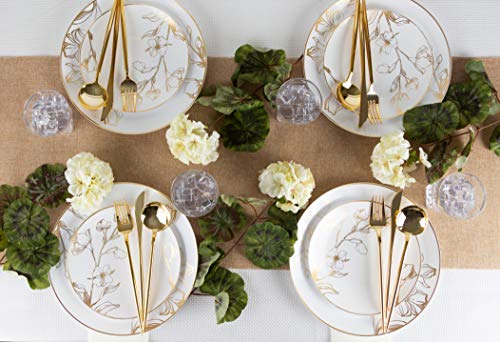 PlasticPRO modern flatware set with 80-piece disposable plastic cutlery in gold for 16 guests, includes knives, forks, and spoons.