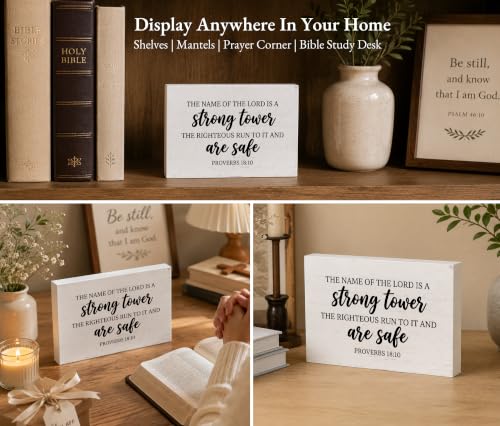 Christian Desk Decor, Proverbs 18:10 Bible Verse Rustic Farmhouse Wood Block Sign, Inspirational Gift for Women & Men, Perfect for Daily Encouragement -A64
