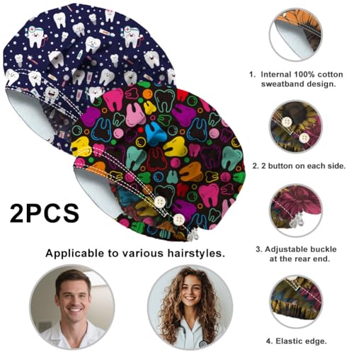 Pack of 2 Scrub Caps with Tooth Pattern, Four Press Studs, Made of Elastic Cotton, One Size, Surgical Hats, Chef's Hat, Unisex Headwear for Women, Men, Medical Care, Kitchen, Housework