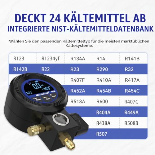 MRCARTOOL L201 Digital Manifold Gauge for Air Conditioning Systems | 24 Refrigerants R290, R1234yf, R22, R32 and R454b for air conditioning maintenance, refrigerant filling, pressure measurement and leak testing.