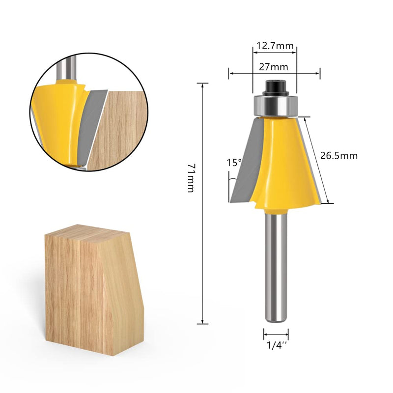5PCS Chamfer Router Bits with 1/4" Shank Bevel Edge Forming Router bits (11.25°,15°,22.5°,30°,45°.) 1/4 inch shank, 11.25°-15°-22.5°-30°-45° degrees