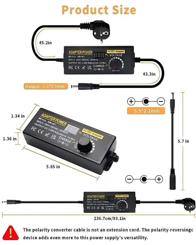 Adjustable Power Adapter 3-24V 5A 120W, Universal Power Supply 120W Adjustable Power Supply Adapter, 100V-240V AC to DC 5A Power Supply with LED Voltage Display and 5.5 x 2.5 mm 14 Tips & Polarity Cable