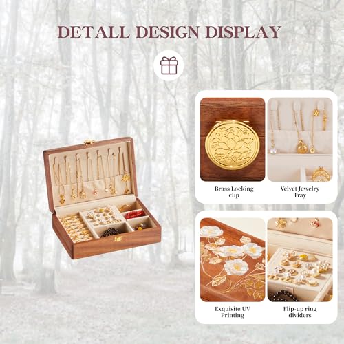 Jewelry Box Walnut Small Wooden Jewelry Organizers Case for Women Nut-Brown Print A