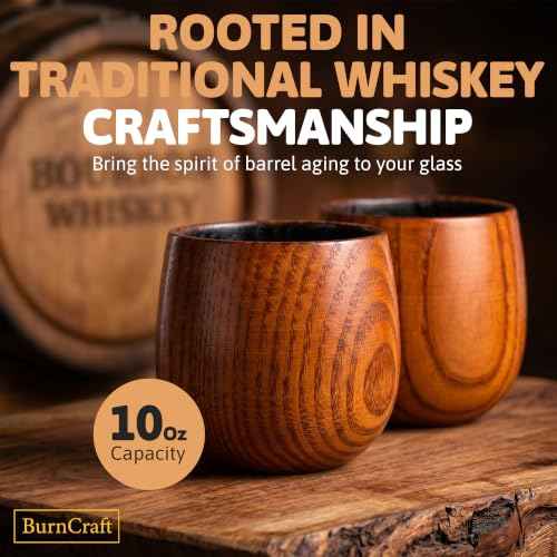 Charred Wooden Whiskey Glass Set of 2 - Artisan Bourbon Tumbler for Men - Natural Wood Drinking Cup for Whiskey Lovers - Gift for Husband, Father, Brother or Boyfriend - Gifts for Men and Father’s Day
