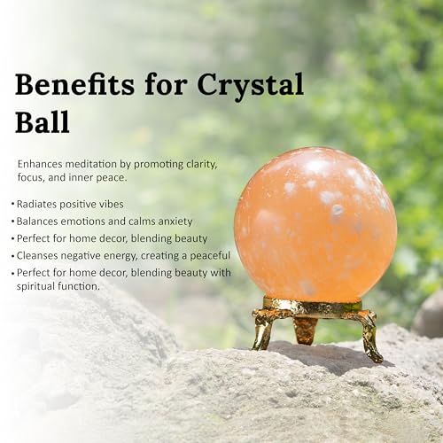 Crocon 45mm Orange Selenite Stone Sphere Ball with Metal Stand 1400+ Carats Gemstone Ball Healing Sphere Sculpture Figurine for Fengshui Divination Home Decoration Photography Crystal Sphere