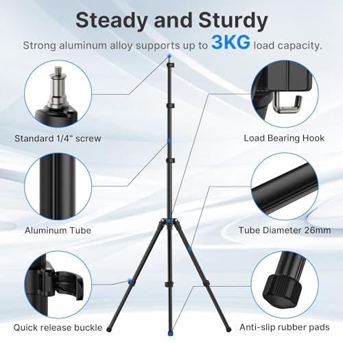 ULANZI Black Aluminum Light Stand, 6.32ft Extendable Tripod for Strobe Lights, Webcams, Cameras & Softboxes 6.3 ft