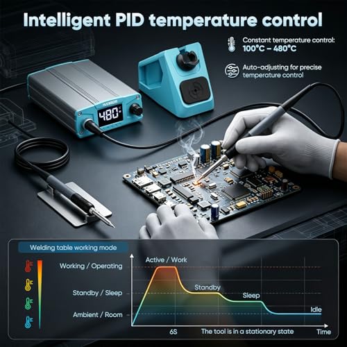 Soldering Iron Set 75 W, Soldering Station with Sleep Mode and Adjustable Temperature 100-480 °C, Soldering Station Digital PID & LED Display, Soldering Set with 5 Soldering Tips, 2 Tweezers for