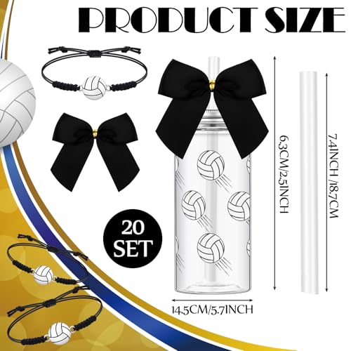 Skylety 20 Set Volleyball Party Favors 20 Pcs 13.5 oz Plastic Reusable Tumbler Cups with Lid and Straw 20 Pcs Bracelets for Volleyball Team Gifts Birthday School Sports Party Reward Gifts(Black) Black