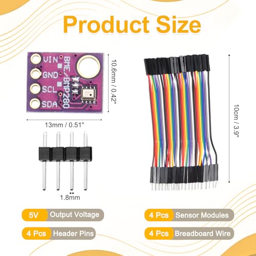 MECCANIXITY 4pcs GY-BME280 4Pin I2C IIC SPI Atmospheric Pressure Sensor Module 5V High Precision Altitude Atmospheric Pressure Temperature and Humidity Sensor with Header Pins & Jumper Wire 4