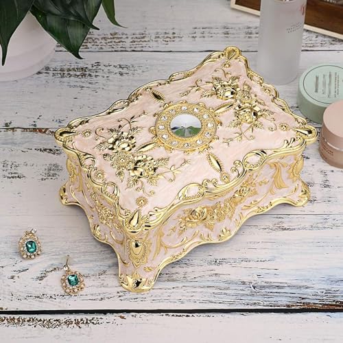 Hipiwe Vintage Metal Jewelry Box - Two Layer Large Trinket Organizer, Beige