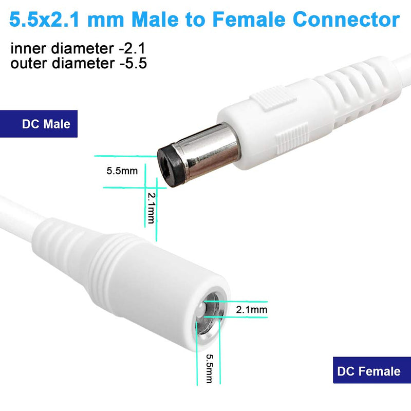 [Australia - AusPower] - 5.5mm x 2.1mm Extension Cord,DC 12v Power Supply Adapter for CCTV Security Camera Surveillance Indoor IP Camera Dvr Standalone LED Strip,Car,12 Volt Male to Female Plug Cable 10ft White 