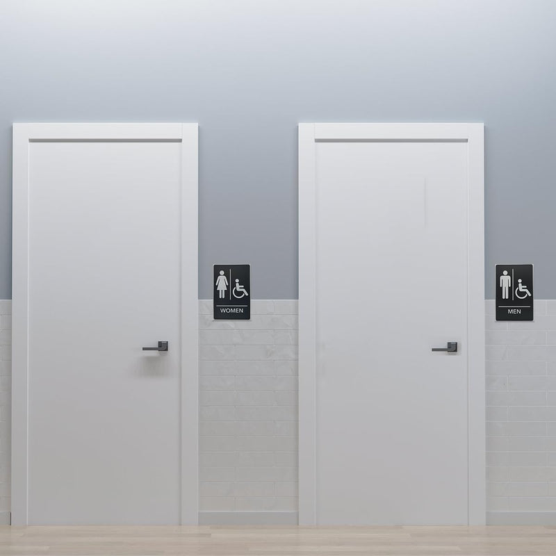 ADA Compliant, Women's Handicap Bathroom Sign, Raised Icons, & Grade 2 Braille - Includes Adhesive Strips for Easy Installation - 6" W x 9" H Made in the U.S.A. (Black, 6-Pack) Black