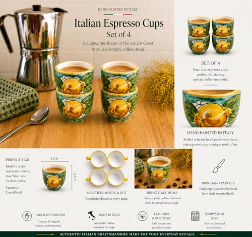 Espresso Cup Set of 4, Ceramic Cups Made in Italy, 2 oz Italian Coffee Cups, Coffee Lover Gift Set, Made in Italy Pottery