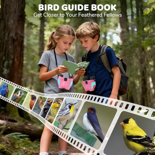 Aurosports 15x25 Compact Binoculars for Kids with Bird Guide Book, Pink