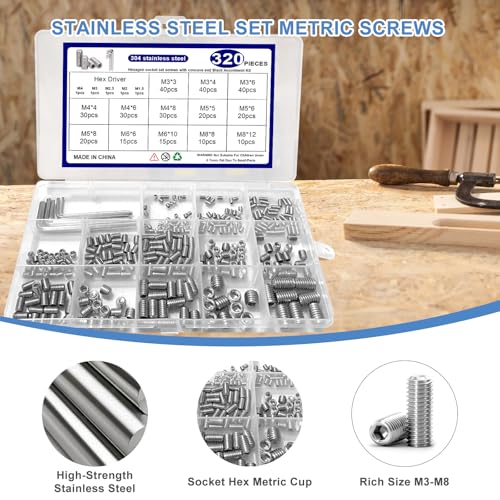 OUTOOOOL 320-piece metric set screw kit with M3-M8 hex socket heads and stainless steel assortment storage box