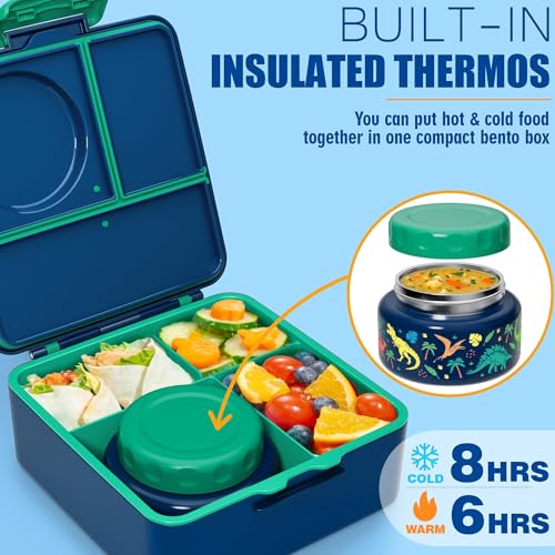 Fimibuke Bento Box for Kids Adult - Leakproof 3-4 Compartments Lunch Bento Box Set with Insulated Food Jar, Water Bottle, Lunch Bag, Sauce Cup & Cutlery for Toddler Teen Shcool Girl Boy Age 3+ A2.Dinosaur