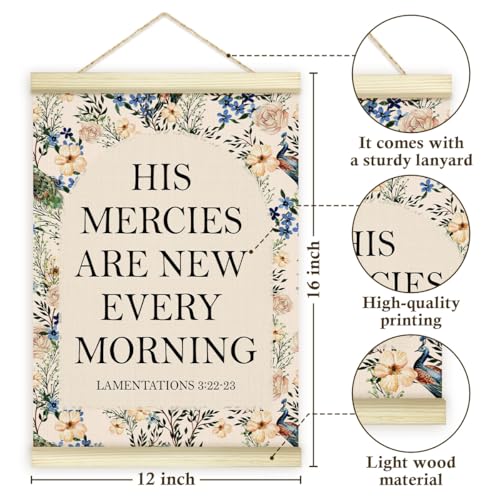 LWBEO Christian Poster Hanger Frame, Christian Bible Verse His Mercies are New Every Morning Boho Wooden Canvas Art Print, Positive Wall Art for Bedroom Living Room Office Nursery Decor 12x16in -26