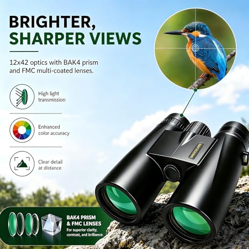 Asacam 12x42 Binoculars for Adults, HD BAK4 Prism for Bird Watching Dark Black