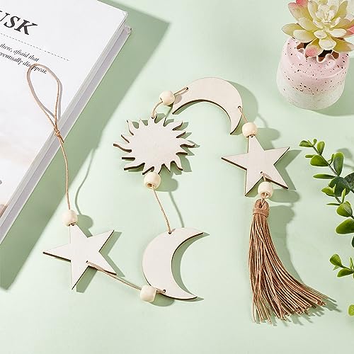 CREATCABIN Moon Star Wall Hanging Decor Wooden Bohemian Wall Art Decorations Moon Garland Ornaments Pendant with Wheat Tassel Beads for Home Bedroom Living Room Dorm Nursery Apartment Office 30.3inch Moon Stars