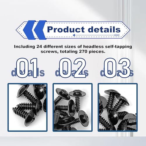 270pcs Black Self Tapping Screws Assortment Kit, Automotive Body Screw Washer Head Screws Assortment Kit #8#10#12#14 for Metal, Plastic and RV