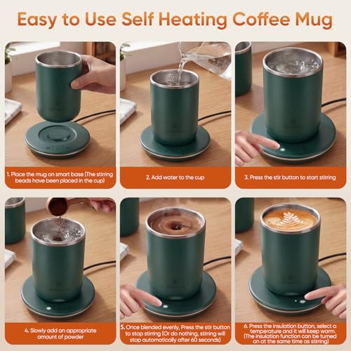 Self Stirring Coffee Mug, Self Heating Coffee Mug, Heated Cup with 3-Level Smart Temperature Control, Auto Shut-Off Electric Coffee Cup Warmer with Detachable Base, Gift for Family Friends (Green) Green