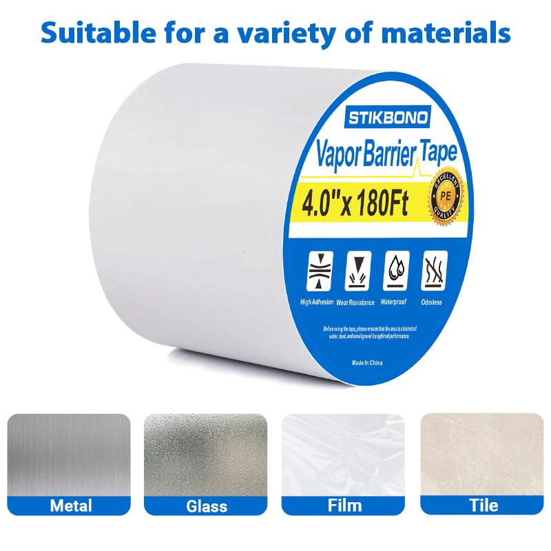 Vapor Barrier Tape 4 Inch x 180' x 4mil 1-Pack Moisture Barriers Seal Seam Tape, White Polyethylene Tape for Crawl Space,Waterproof, Underlayment,Metal and Plastic Sheeting 4inch x 180ft