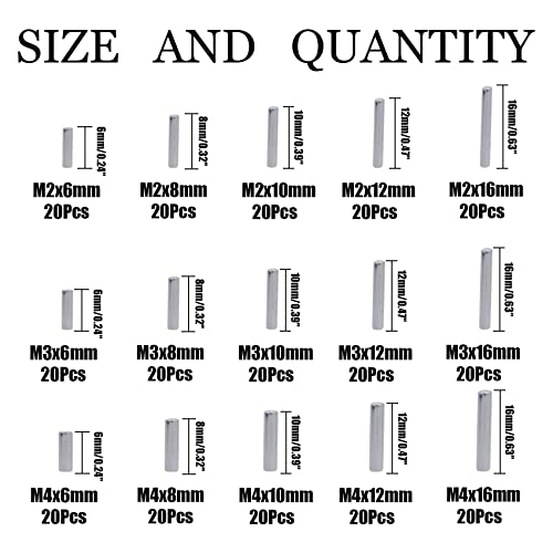 YNEGSDE M2 M3 M4 dowel pin assortment, 304 stainless steel metal pins in assorted sizes, 300-piece set
