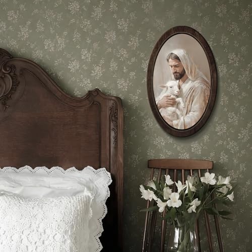 YZSLA Christian Wall Art Decor, Jesus and Lamb Rustic Framed Oval Wall Art Jesus-6