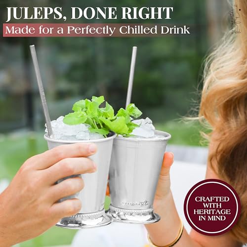 Gusto Nostro Mint Julep Cups Set of 2 - Stainless Steel Julep Cup Kit with Straws, Muddler, Spoon,Recipes, Vases - Southern-style Cocktail Glasses for Home Bar - Stainless Steel Cocktail Cups (Silver) Silver