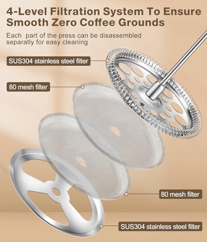 French Press Coffee Maker - 34 Ounce Classice Stainless Steel Coffee Press with 4-Level Filtration System, Heat Resistant Thickness Borosilicate Glass French Press Coffee Pot for Camping Travel Gift Copper