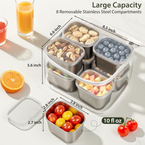 Snackle Box Container, 8 Stainless Steel Compartments with Individual Lids 8 Compartment(8.5"L x 6.6"W x 5.6"H)