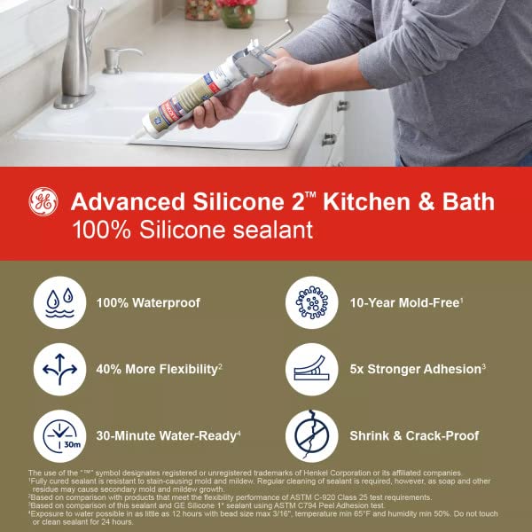 [Australia - AusPower] - GE Advanced Silicone Caulk for Kitchen & Bathroom - 100% Waterproof Silicone Sealant, 5X Stronger Adhesion, Shrink & Crack Proof - 10 oz Cartridge, Clear, Pack of 1 