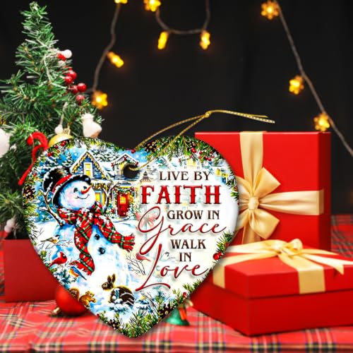 Snowman Christmas Ornaments 2026, Ceramic Snowman Ornaments for Christmas Tree - Live By Faith, Grow in Grace, Walk in Love, Religious Christian Ornament Gift for Family Friends