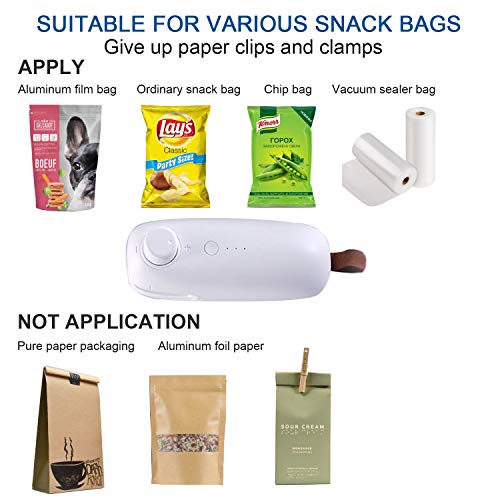 Mini Heat Sealer USB Bag Sealer Machine with Cutter High Security Handheld 2 in 1 Sealer Clips Portable Electric Rechargeable Quick Sealer for Plastic Bags Food Snack Fresh Bag Resealer White