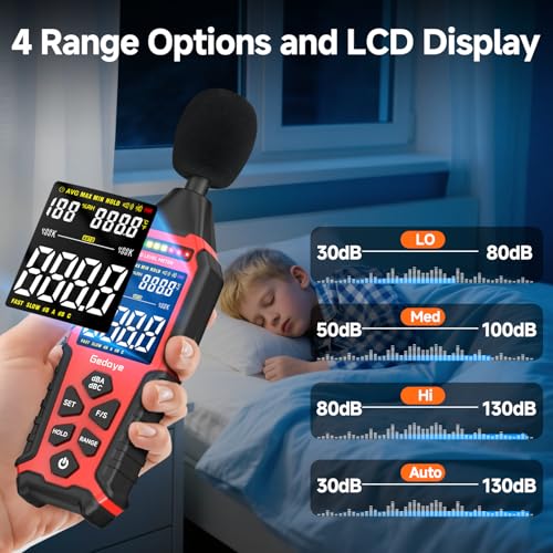 Gedaye red sound level meter, A/C weighted decibel reader measuring 30–130dB for noise monitoring