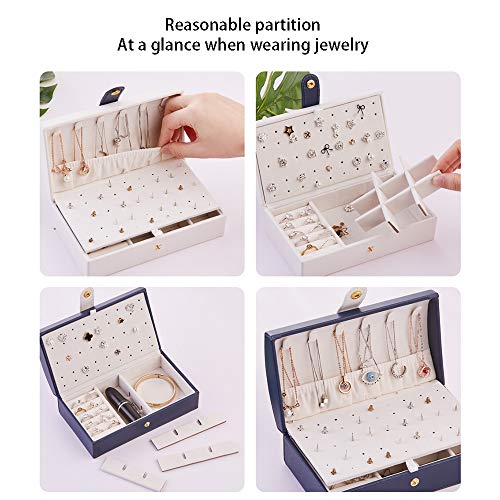 Fullgaden Jewelry Box,Necklace Ring Storage Organizer Double Layer Travel Synthetic Leather Jewel Cabinet Gift Case for Women, Blue
