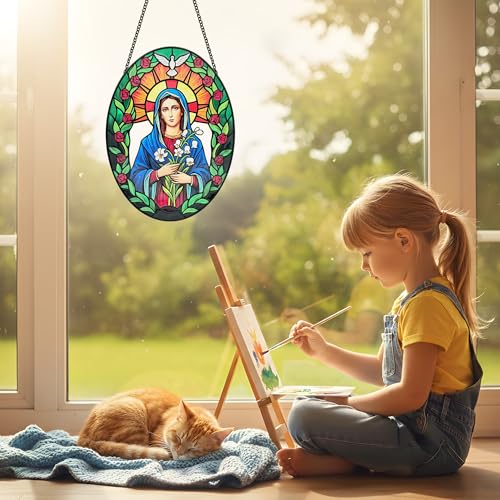 Stained Glass Window Hanging, Virgin Mary Sun Catchers Indoor Window Decor, 8.8 Inch Oval Suncatcher, Christmas Decorations, Christian Gifts for Women, Catholic Gifts for Women