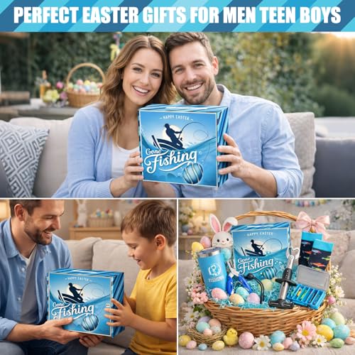 Fishing Easter Basket Stuffers for Men Teen Boys, Premade Easter Basket Gifts for Adutl Teens Husband Son with Fishing Tool Set Tumblers and Socks