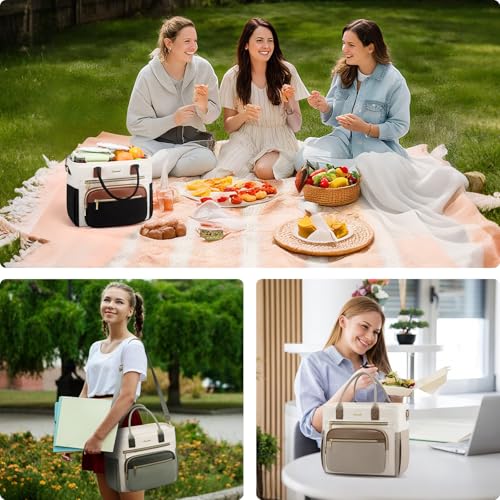 LOVEVOOK Insulated Lunch Box for Women,X Large Adult Lunch Cooler Bag Women Black with Off White with Brown X Large —18l